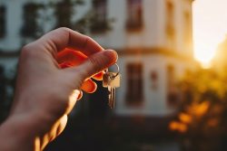 Une main tenant une clé de maison devant une maison d'agence immobilière