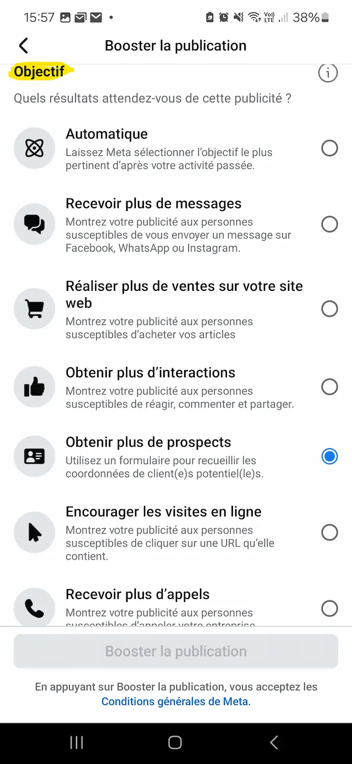 Objectif sponsorisation facebook 